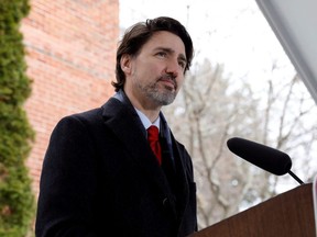 Prime Minister Justin Trudeau attends a news conference at Rideau Cottage, as efforts continue to slow the spread of COVID-19, in Ottawa, April 24, 2020.