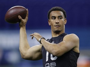 Quarterback Jordan Love of Utah State throws a pass during the NFL Scouting Combine at Lucas Oil Stadium on Feb. 27, 2020 in Indianapolis, Indiana.