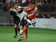 Jake Nerwinski of Whitecaps reaches for the ball against Cavalry FC midfielder Jose Escalante during their Canadian Championship match at B.C. Place Stadium in Vancouver last year. The CPL's Cavs have been faced with the prospect of a wage deferral this week, while MLS players could be in the same boat soon enough.