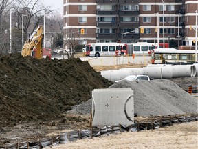 Stage 2 LRT construction continues near Lincoln Fields Station in late March 2020.