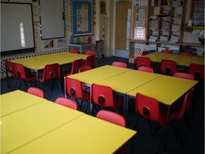 An empty Ontario classroom during pandemic lockdown.