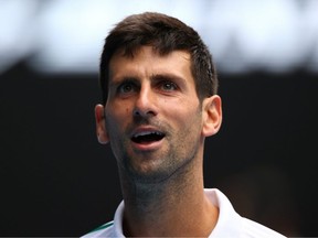 Novak Djokovic of Serbia celebrates after winning a point during his second round match against Tatsuma Ito of Japan on Day Three of the 2020 Australian Open at Melbourne Park on Jan. 22, 2020.