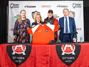 From left, British High Commissioner to Canada Susan Jane le Jeune d’Allegeershecque, MPP for Nepean and Minister of Tourism, Culture, and Sport Lisa MacLeod, Ottawa Aces chairman Eric Perez and RFL chairman Simon Johnson were on hand in March to introduce the Ottawa Aces.