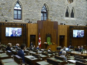 Green party Parliamentary Leader Elizabeth May is pictured on two large screens as she delivers a statement via teleconference during the COVID-19 Pandemic Committee in the House of Commons on Parliament Hill in Ottawa on Wednesday, May 27, 2020.