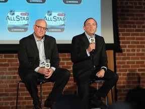 NHL deputy commissioner Bill Daly (left) and commissioner Gary Bettman took their idea of holding the draft before the season is completed to the NHL's board of governors on Monday afternoon.