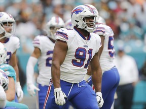 Ed Oliver of the Buffalo Bills reacts after a sack against the Miami Dolphins during the first quarter at Hard Rock Stadium on November 17, 2019 in Miami, Florida.