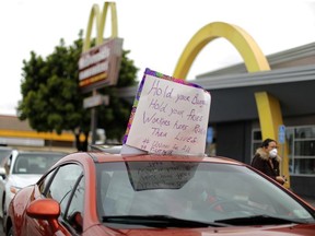 McDonald's workers strike for protective gear, as the spread of the coronavirus disease (COVID-19) continues, in Los Angeles, California, U.S., April 6, 2020.