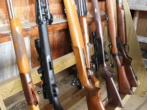 Rifles stand in a rack at a rifle range in this file photo.