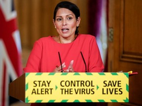 Britain's Home Secretary Priti Patel holds a news conference on the coronavirus at 10 Downing Street in London, Britain May 22, 2020.