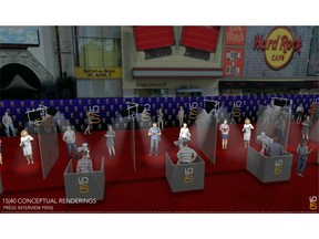 This handout image released courtesy of 15|40 Productions on May 15, 2020 shows a conceptual rendering of press interview pens separated by plexiglass for red-carpet arrival events.