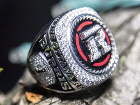 Henry Burris' 2016 Grey Cup ring is photographed during a ceremony at the Canadian Museum of History on May 26, 2017.