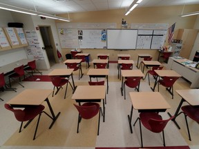 A classroom sits empty.