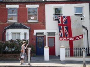 A house is seen with a flag in Streatham to commemorate the 75th Anniversary of VE Day in London May 8, 2020.