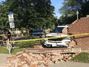 A suspect allegedly stole an Ottawa police vehicle and crashed it through a brick wall after a traffic stop Monday afternoon.