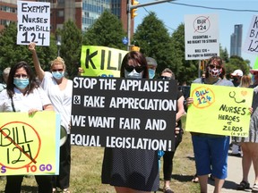 Kate Magladry (black poster) and her nursing colleagues protest Bill 124 in front of the Civic Hospital, June 18, 2020.