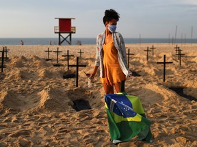 An activist of the NGO Rio de Paz wearing a protective mask attends a demonstration during which one hundred graves were dug on Copacabana beach symbolizing the dead from COVID-19, in Rio de Janeiro, Brazil, June 11, 2020.