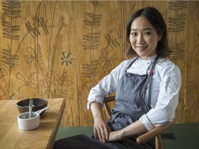 Briana Kim with some of her dishes at Alice Restaurant on Adeline Street in Little Italy. The dishes are Summer Bouquet, Tomato and Ponzu, and Coconut, Cranberry Beans and Coffee.
