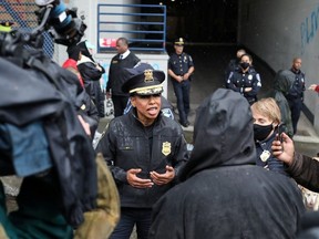 Seattle Police Chief Carmen Best talks to media in front of Seattle Police Department East Precinct in Seattle, Washington, U.S. June 11, 2020.