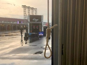 A noose found in the Number 43 garage stall, assigned to driver Bubba Wallace, at Talladega Superspeedway in Talladega, Alabama, June 21, 2020, is seen in a photograph released by NASCAR on Thursday, June 25, 2020.