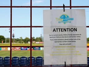 A sign announces that Phillies Florida Operations and Spectrum Field, spring training home of the Philadelphia Phillies, have been shut down on May 20, 2020 in Clearwater, Fla.