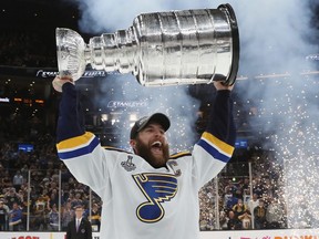 Alex Pietrangelo of the St. Louis Blues celebrates with the Stanley Cup after defeating the Boston Bruins in Game Seven to win the 2019 NHL Stanley Cup Final at TD Garden on June 12, 2019 in Boston, Mass