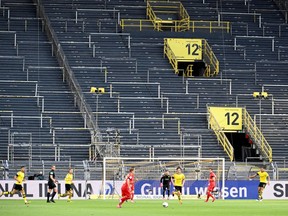 General view inside the stadium during the match between Borussia Dortmund and Bayern Munich at Signal Iduna Park, Dortmund, Germany on May 26, 2020. Bundesliga play has resumed behind closed doors.