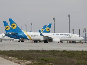 Ukrainian International Airlines planes are seen at the Boryspil International Airport in Kiev.