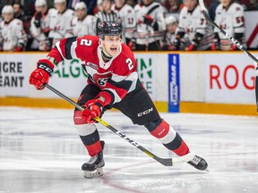 Ottawa 67's defenceman Noel Hoefenmayer calls for the puck from a teammate in an Ontario Hockey League game in January. Hoefenmayer is now a prospect with the Toronto Marlies.
