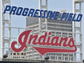 The Cleveland Indians logo is seen at Progressive Field during summer workouts on July 07, 2020 in Cleveland, Ohio.