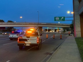 Fallen debris from an overpass from Labelle Street into the St. Laurent Shopping Centre closed the southbound lanes of St. Laurent Boulevard on Tuesday night.