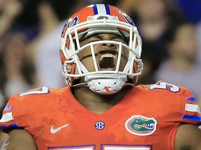 Caleb Brantley of the Florida Gators celebrates a defensive stop during the game against the East Carolina Pirates at Ben Hill Griffin Stadium on September 12, 2015 in Gainesville, Florida.