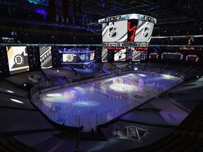 A general view of the arena prior to the third period between the Columbus Blue Jackets and the Boston Bruins in an exhibition game at Scotiabank Arena on July 30, 2020 in Toronto.