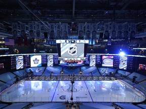 A view of the Scotiabank Arena ice before the Toronto Maple Leafs and the Montreal Canadiens began the second period during an exhibition game on Wednesday.