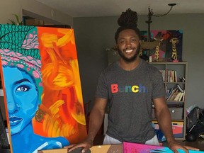 B.C. Lions running back Wayne Moore sells original art. Left: Free-agent receiver Luke Tasker sells homes and does renos. Submitted photos