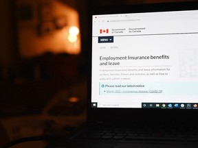 The employment insurance section of the Government of Canada website is shown on a laptop in Toronto on April 4, 2020.