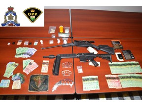 Brockville Police Services and Ontario Provincial Police arrested and charged two people with numerous drug and weapons offences. Credit handout photo, Brockville Police Services.