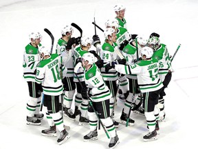 The Dallas Stars celebrate their 2-1 win against the St. Louis Blues in the overtime shootout in a Western Conference Round Robin game during the 2020 NHL Stanley Cup Playoffs at Rogers Place on Aug. 9, 2020 in Edmonton.