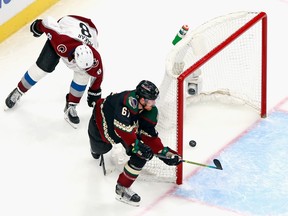 Lawson Crouse of the Arizona Coyotes scores an empty net goal against the Colorado Avalanche in Game 3 of the Western Conference First Round during the 2020 NHL Stanley Cup Playoffs at Rogers Place on Aug. 15, 2020 in Edmonton.