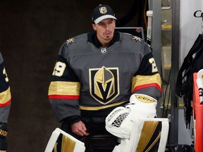 Marc-Andre Fleury #29 of the Vegas Golden Knights sits on the bench during the game against the Vancouver Canucks in Game One of the Western Conference Second Round during the 2020 NHL Stanley Cup Playoffs at Rogers Place on August 23, 2020 in Edmonton, Alberta, Canada.