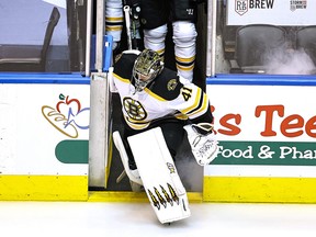 Boston Bruins goalie Jaroslav Halak takes the ice for Game 4 against the Hurricanes on Monday.