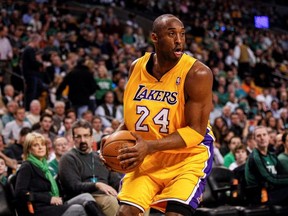 Los Angeles Lakers shooting guard Kobe Bryant (24) on the court against the Boston Celtics at the TD Garden.