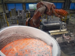 Aluminum in a smelter is seen at the Alouette aluminum plant in Sept-Iles, Que., Tuesday, May 21, 2019.