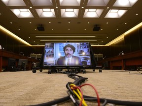 Prime Minister Justin Trudeau appears as a witness via videoconference during a House of Commons finance committee in the Wellington Building on Thursday, July 30, 2020.