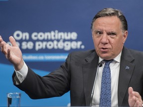 Quebec Premier Francois Legault speaks during a news conference in Montreal, Monday, July 13, 2020.