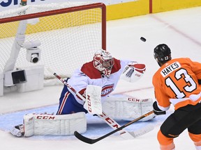 Montreal Canadiens goaltender Carey Price makes a glove save on Philadelphia Flyers’ Kevin Hayes during the first period of Game 5 of their first-round playoff series on Wednesday night in Toronto.