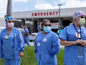 Healthcare workers at Fountain Valley Regional Hospital hold a rally outside their hospital for safer working conditions during the outbreak of the coronavirus disease (COVID-19) in Fountain Valley, California, U.S., August 6, 2020.