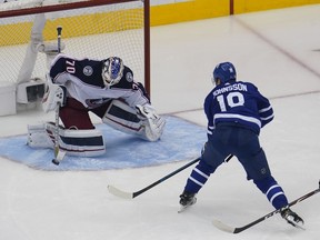 Aug 9, 2020; Toronto, Ontario, CAN; 

Columbus Blue Jackets goaltender Joonas Korpisalo makes a save on Toronto Maple Leafs forward Andreas Johnsson during the third period of game five of the Eastern Conference qualifications at Scotiabank Arena on Sunday.