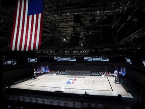 The court sits empty after the Milwaukee Bucks decided to boycott a playoff game against the Orlando Magic on Wednesday, Aug. 26, 2020.