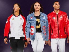 From left to right: Sarah Douglas (sailing) wearing a podium outfit, Kylie Masse (swimming) wearing a closing ceremony outfit, and Pierce Lepage (athletics) wearing opening ceremony outfit.