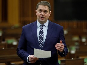 Conservative Party Leader Andrew Scheer speaks during Question Period in the House of Commons on Parliament Hill, as efforts continue to help slow the spread of the coronavirus disease (COVID-19), in Ottawa on April 20, 2020.